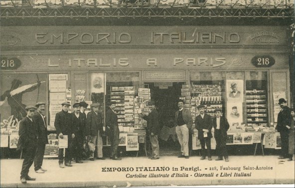 Emporio Italiano, Italian newspaper and bookshop on rue du Faubourg Saint-Antoine in Paris. Postcard.